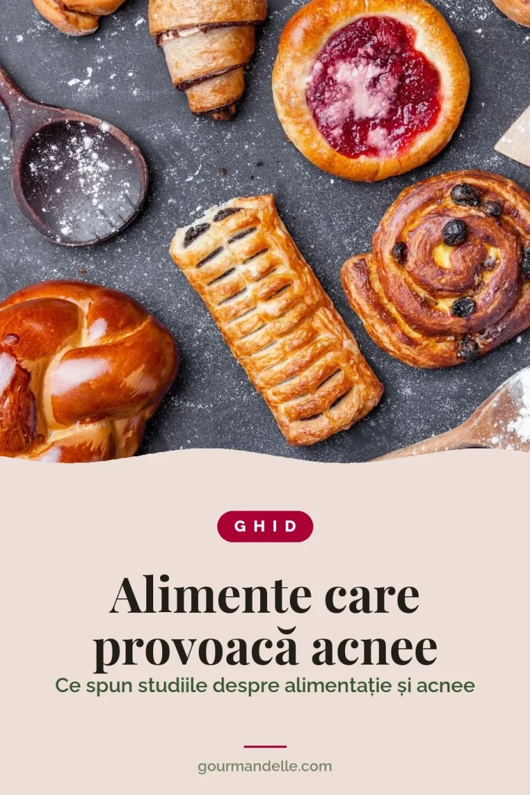 Coperta ghidului Alimente care provoacă acnee, cu produse de patiserie din făină albă, cornuri, un pateu cu gem și un cozonac pe o suprafață întunecată.