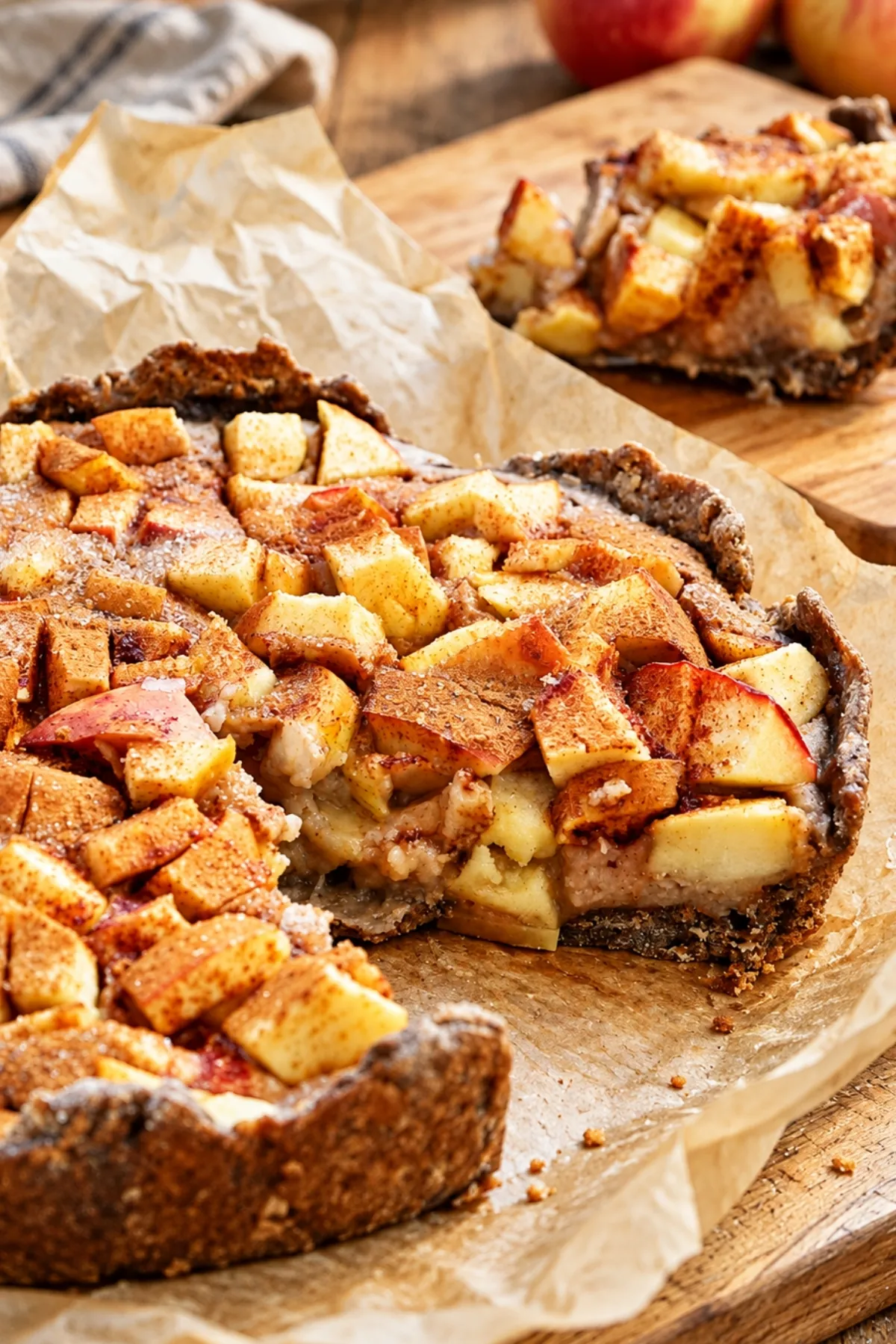 Apple custard tart with a slice cut out, showing the soft vanilla custard under the apples