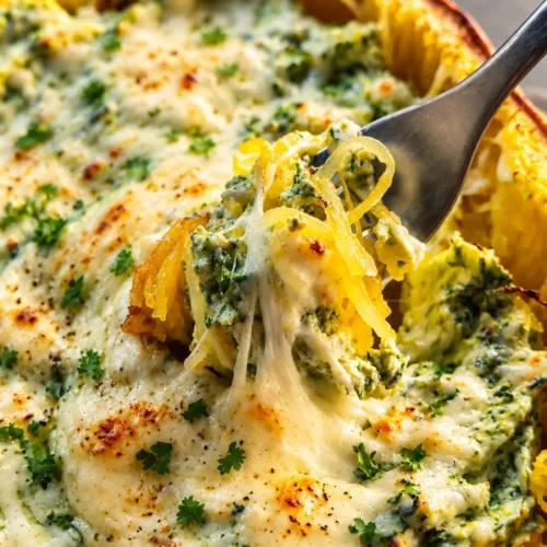 A fork lifting spaghetti squash strands, baby spinach and stretchy melted mozzarella out of a baked squash half with caramelized cheese on top.