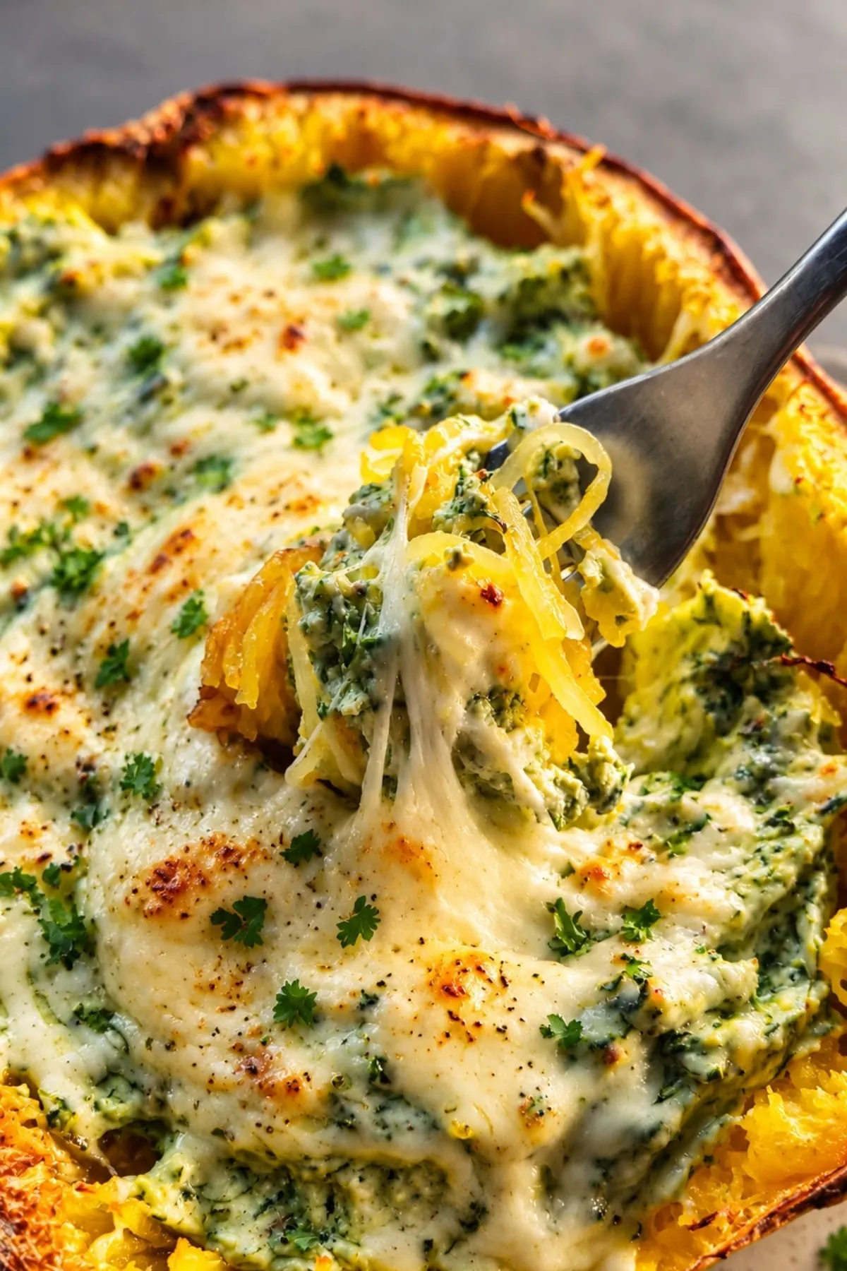 Furculiță care ridică fâșii de dovleac spaghetti cu spanac baby și mozzarella topită care se întinde, din jumătatea gratinată cu brânză caramelizată.