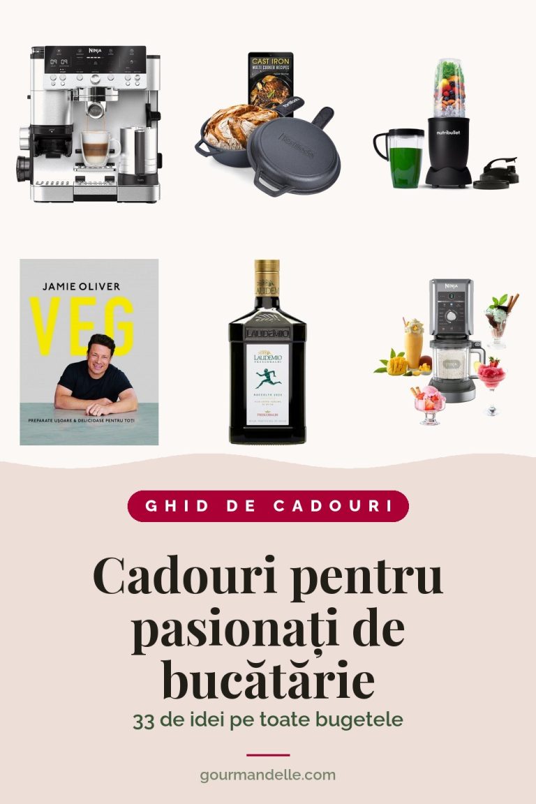 Espressor Ninja, oală de fontă, blender Nutribullet, cartea VEG, ulei de măsline Laudemio și aparat de înghețată Ninja, deasupra titlului Cadouri pentru pasionați de bucătărie.