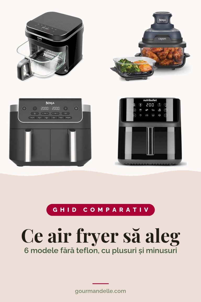 Patru friteuze cu aer cald fără teflon, ZASS cu vas de sticlă, Ninja CRISPi, Ninja DualZone și Nutribullet, deasupra titlului Ce air fryer să aleg, ghid comparativ.