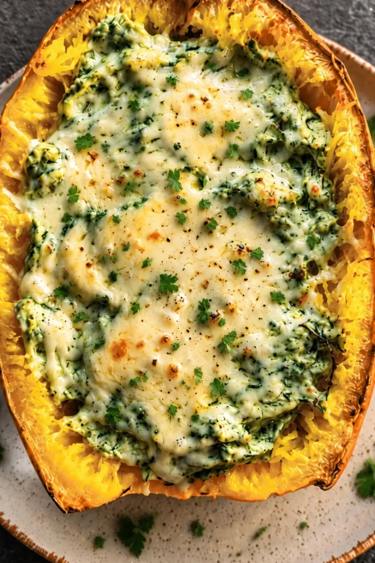 Cheesy baked spaghetti squash half shot from overhead, with melted mozzarella and aged cheddar streaked with baby spinach, browned spots and chopped parsley, on a speckled plate.
