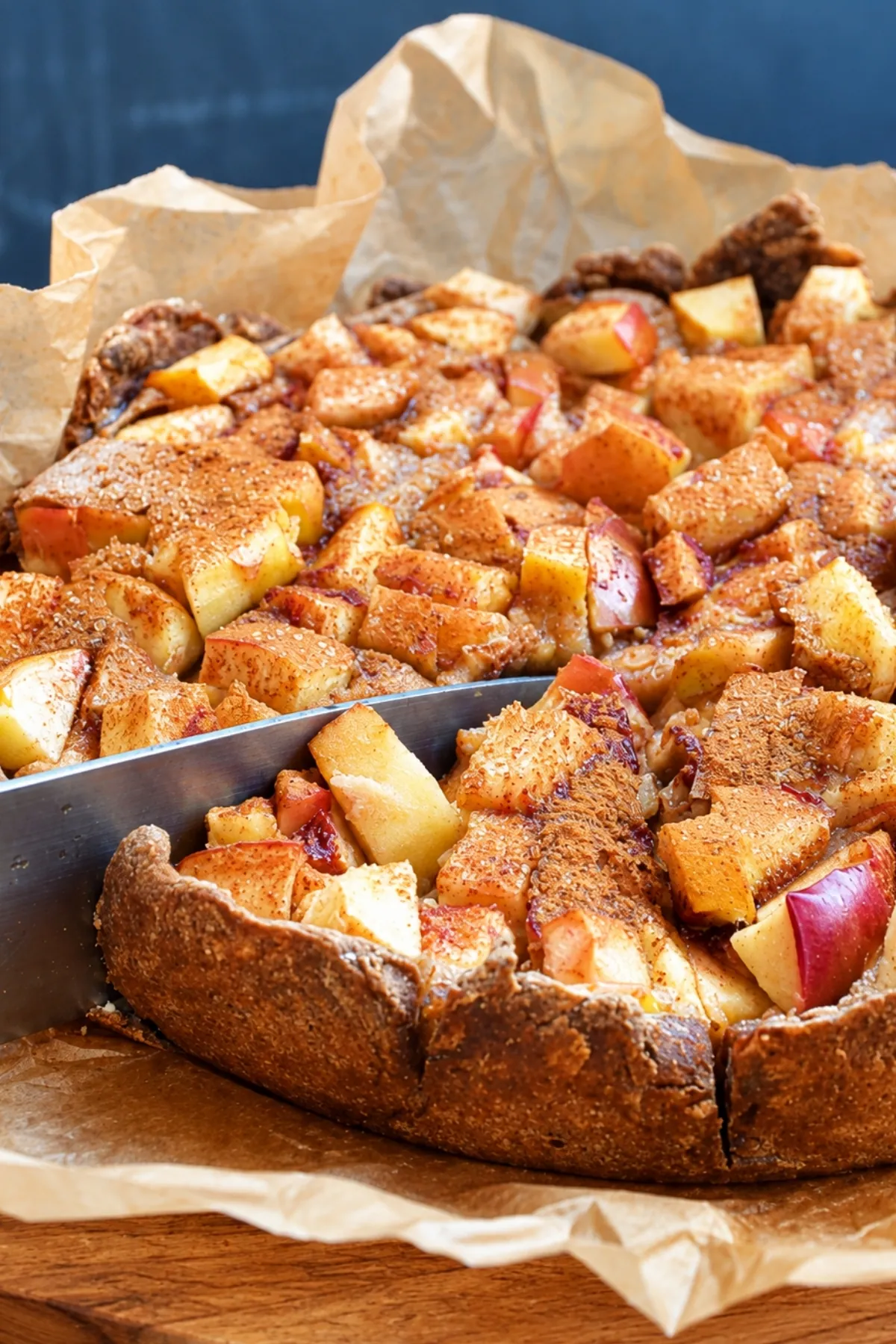 Knife cutting into a rustic apple custard tart with a dark whole wheat crust
