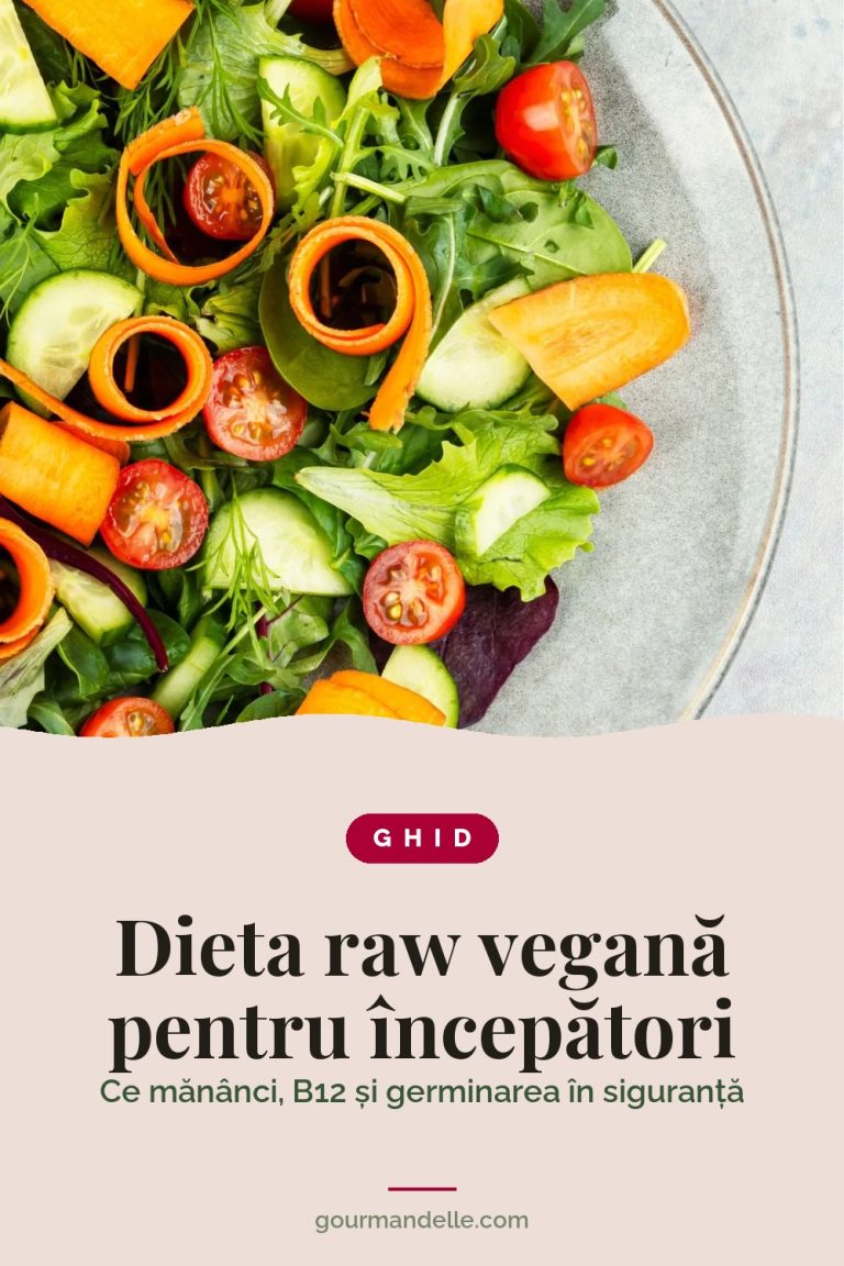 Copertă de ghid pentru dieta raw vegană: salată cu frunze verzi, panglici de morcov, roșii cherry și castravete, văzută de sus, deasupra titlului.