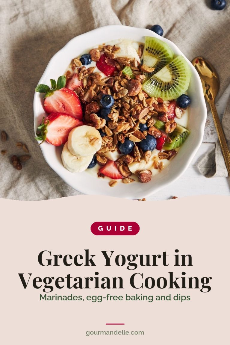Greek yogurt in vegetarian cooking guide cover: an overhead yogurt bowl with granola, strawberries, kiwi, banana and blueberries above a blush panel with the guide title.