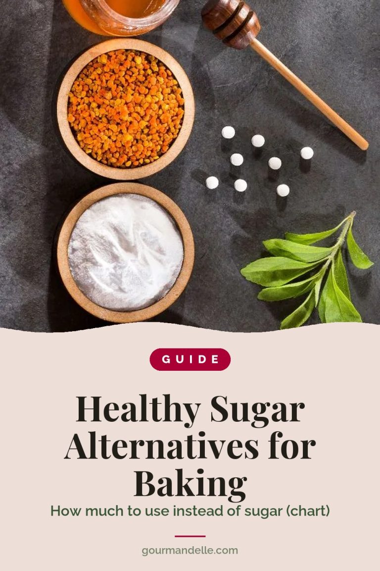 Guide cover for healthy sugar alternatives for baking: a jar of honey, bowls of bee pollen and white powder, sweetener tablets and stevia leaves above the title.