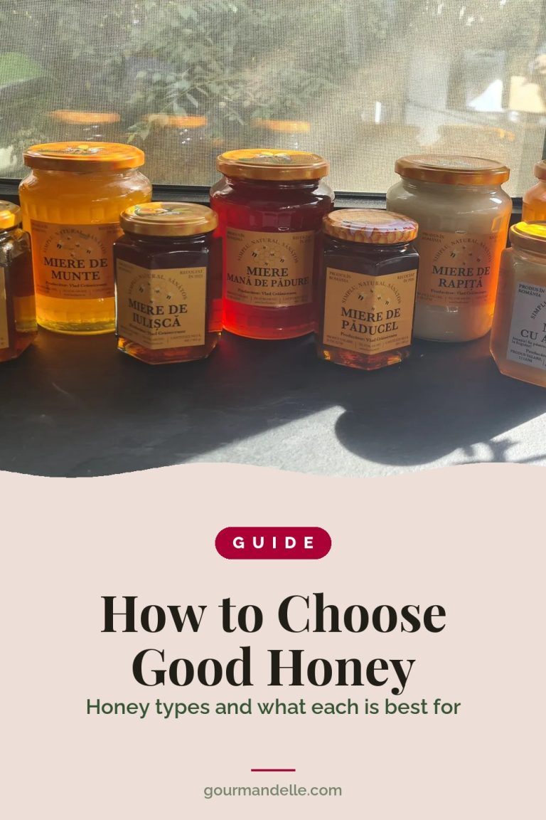 Nine jars of Romanian honey on a sunny windowsill, from pale creamy rapeseed to ruby honeydew, above the title How to Choose Good Honey: honey types and what each is best for.