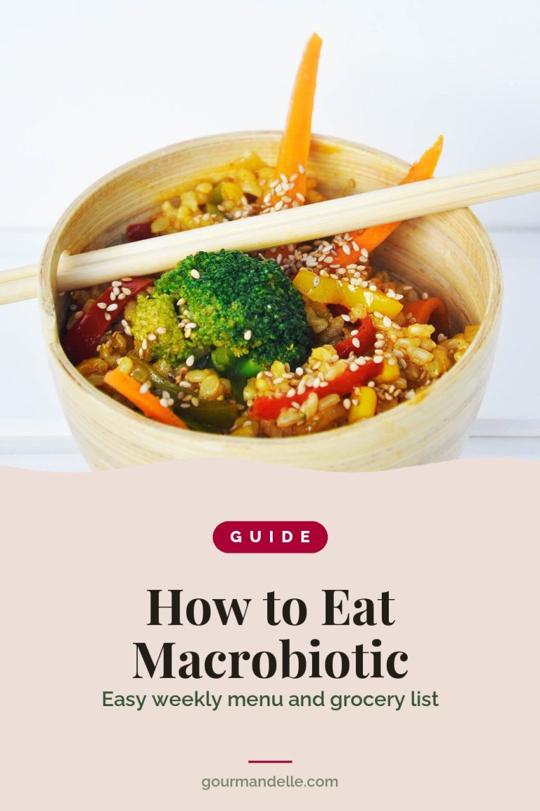 Macrobiotic stir fry with brown rice, broccoli and peppers in a bamboo bowl, above the title How to Eat Macrobiotic: easy weekly menu and grocery list.