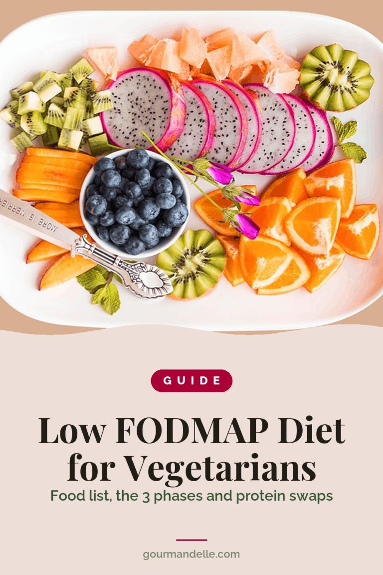 Guide cover for the low FODMAP diet for vegetarians: a platter of kiwi, oranges, blueberries and dragon fruit seen from above, over the title.
