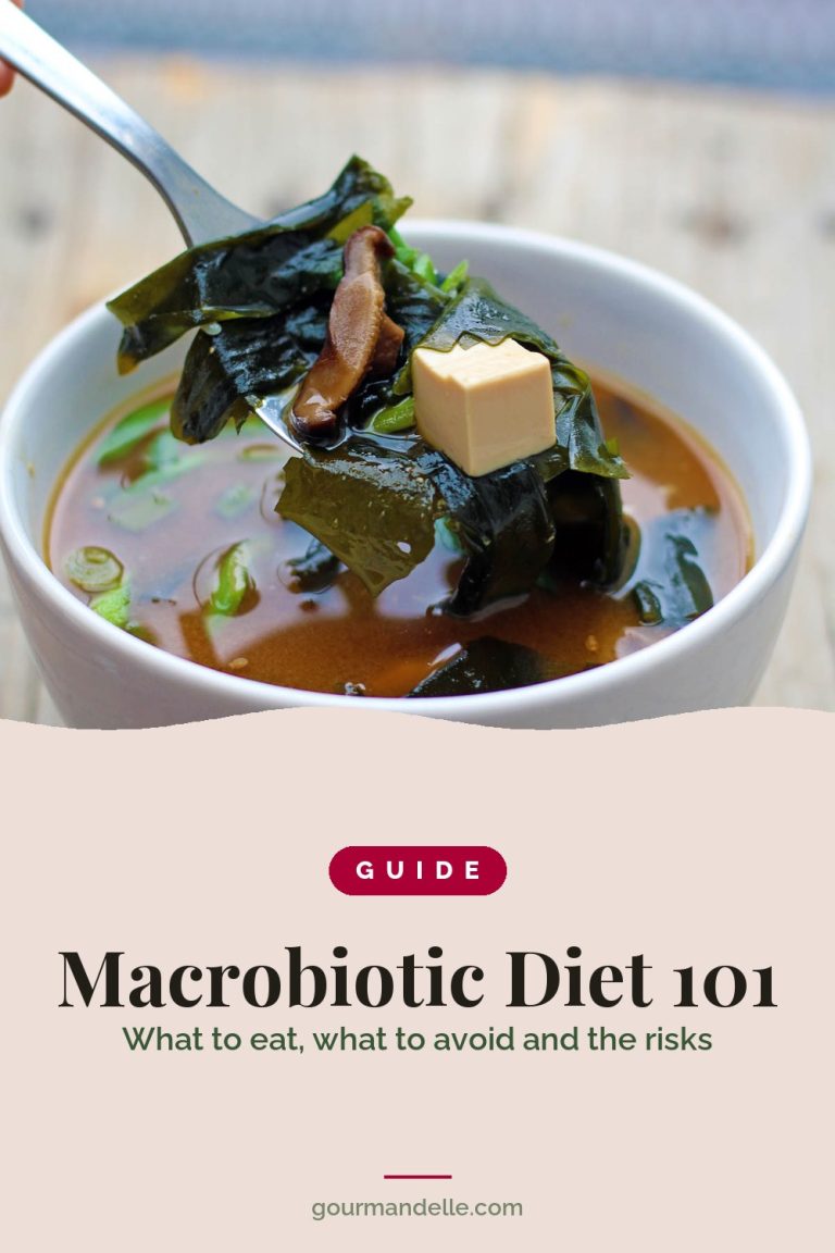 Vegan miso soup with wakame, tofu and shiitake in a white bowl, above the title Macrobiotic Diet 101: what to eat, what to avoid and the risks.