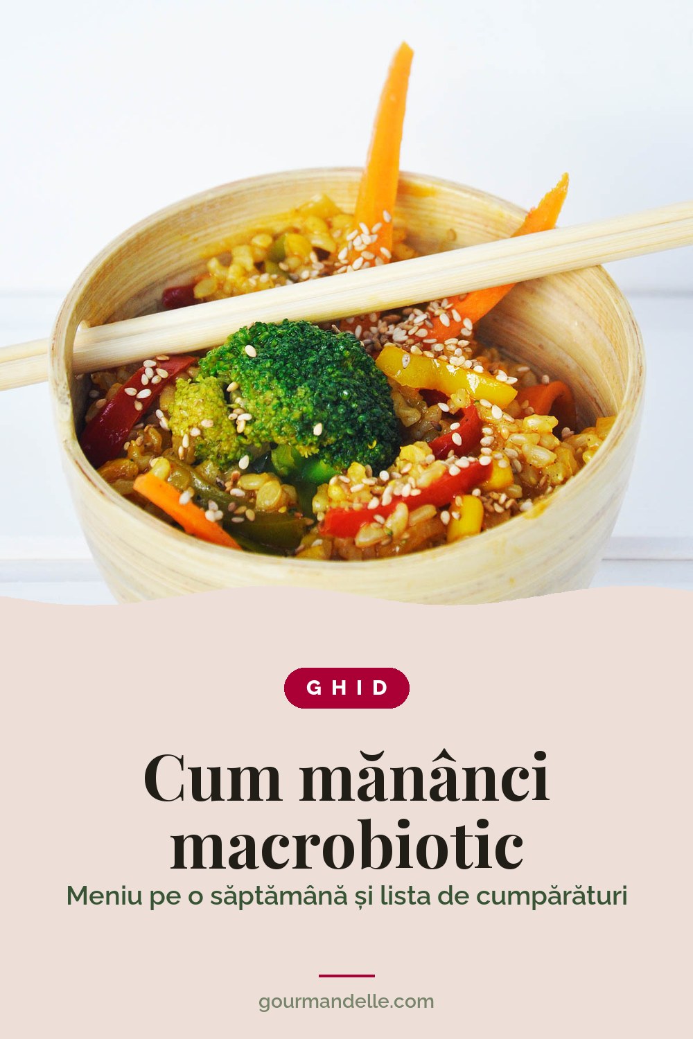 Stir fry macrobiotic cu orez brun, broccoli și ardei într-un bol de bambus, deasupra titlului Cum mănânci macrobiotic: meniu pe o săptămână și lista de cumpărături.