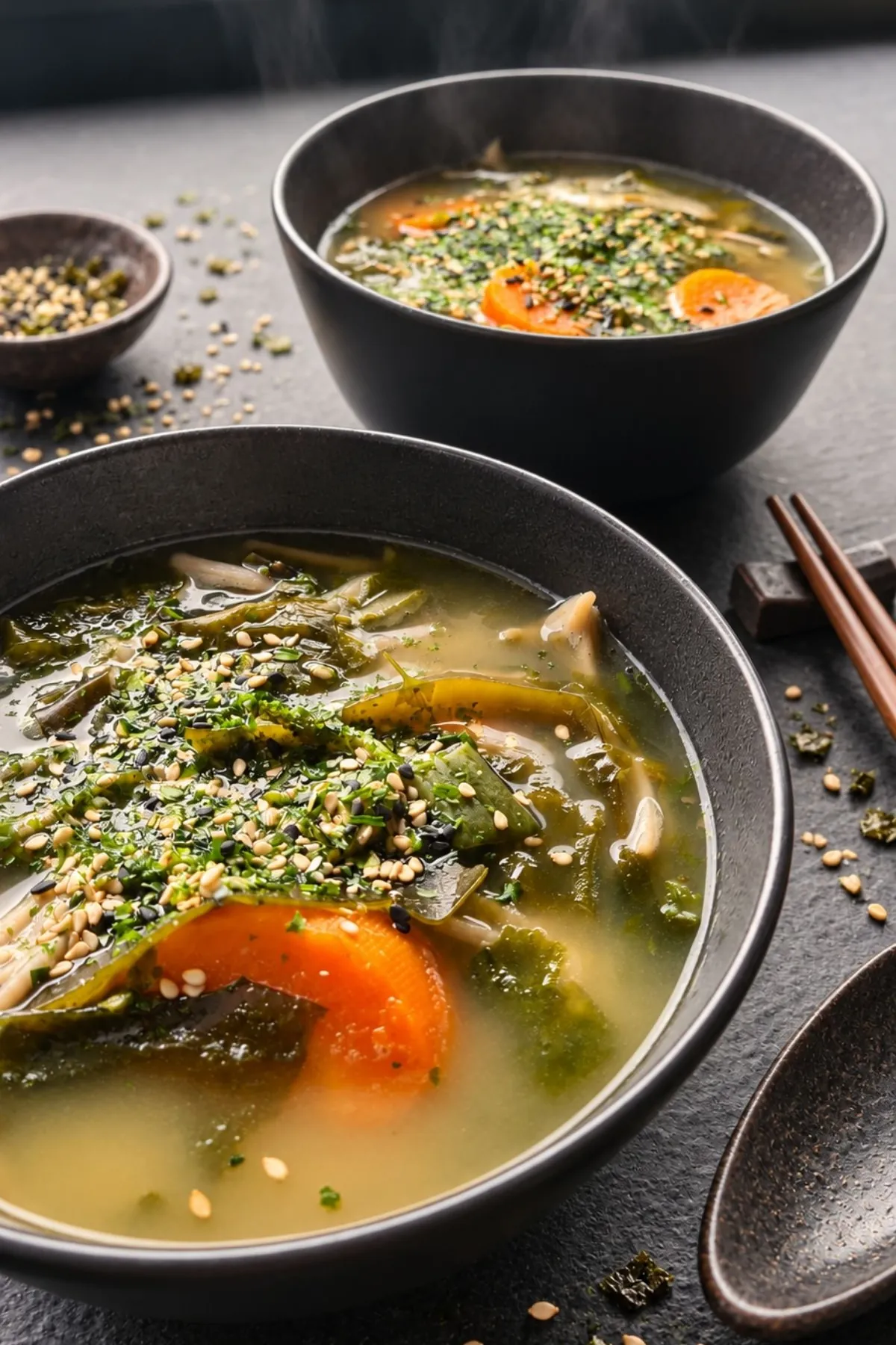 Miso soba noodle soup in dark bowls, with thick carrot rounds, silky wakame and buckwheat noodles under a pile of sesame-nori furikake, beside chopsticks and a small dish of furikake on dark stone.