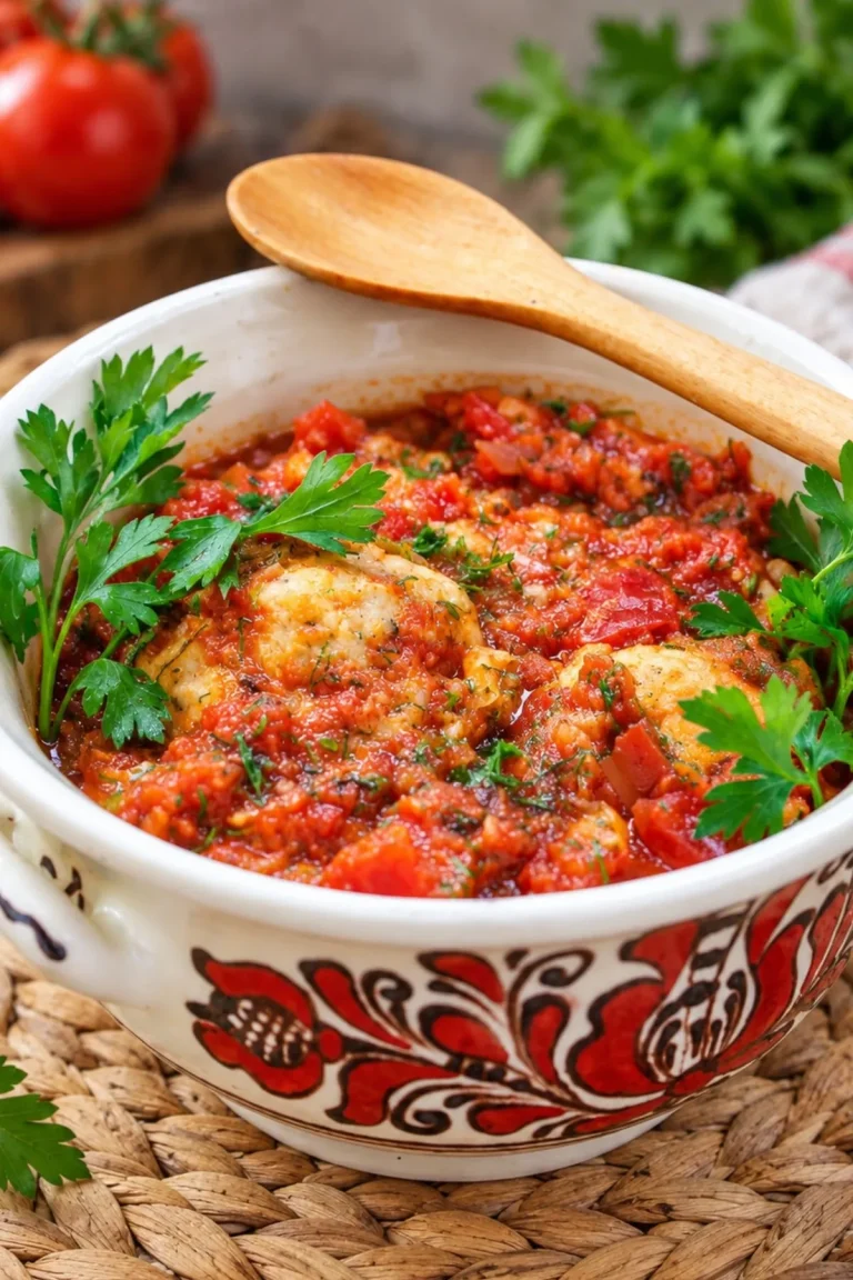 Steamed beetballs in a chunky garlic-basil tomato sauce, in a white ceramic bowl with a red folk pattern, topped with fresh parsley and a wooden spoon.