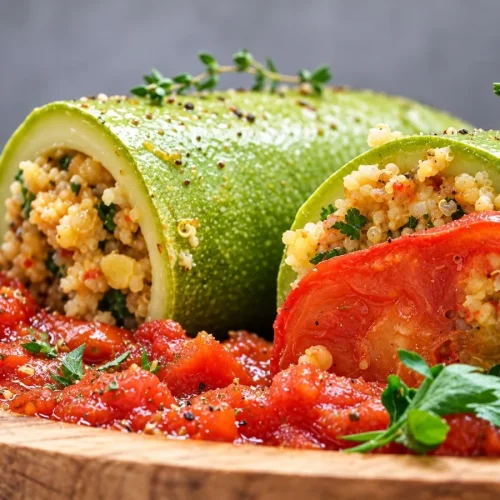 Vegan stuffed zucchini tubes filled with quinoa and lentils, one capped with a tomato slice, in chunky tomato sauce