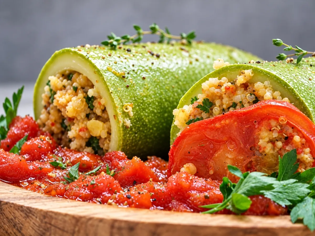 Vegan stuffed zucchini tubes filled with quinoa and lentils, one capped with a tomato slice, in chunky tomato sauce