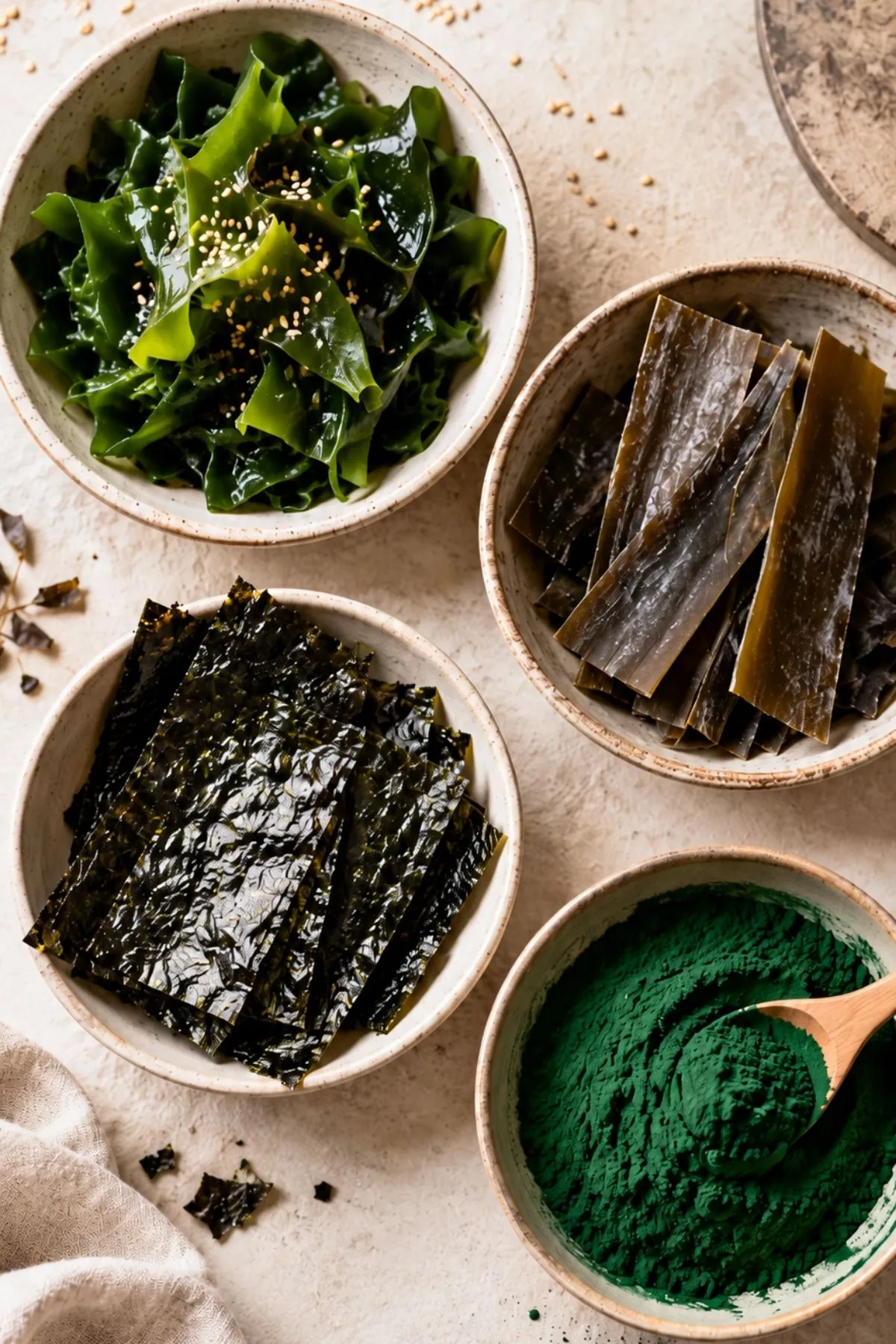 Four types of edible seaweed in speckled ceramic bowls, seen from above: rehydrated wakame with sesame, dried kombu strips, toasted nori sheets and spirulina powder with a wooden spoon.