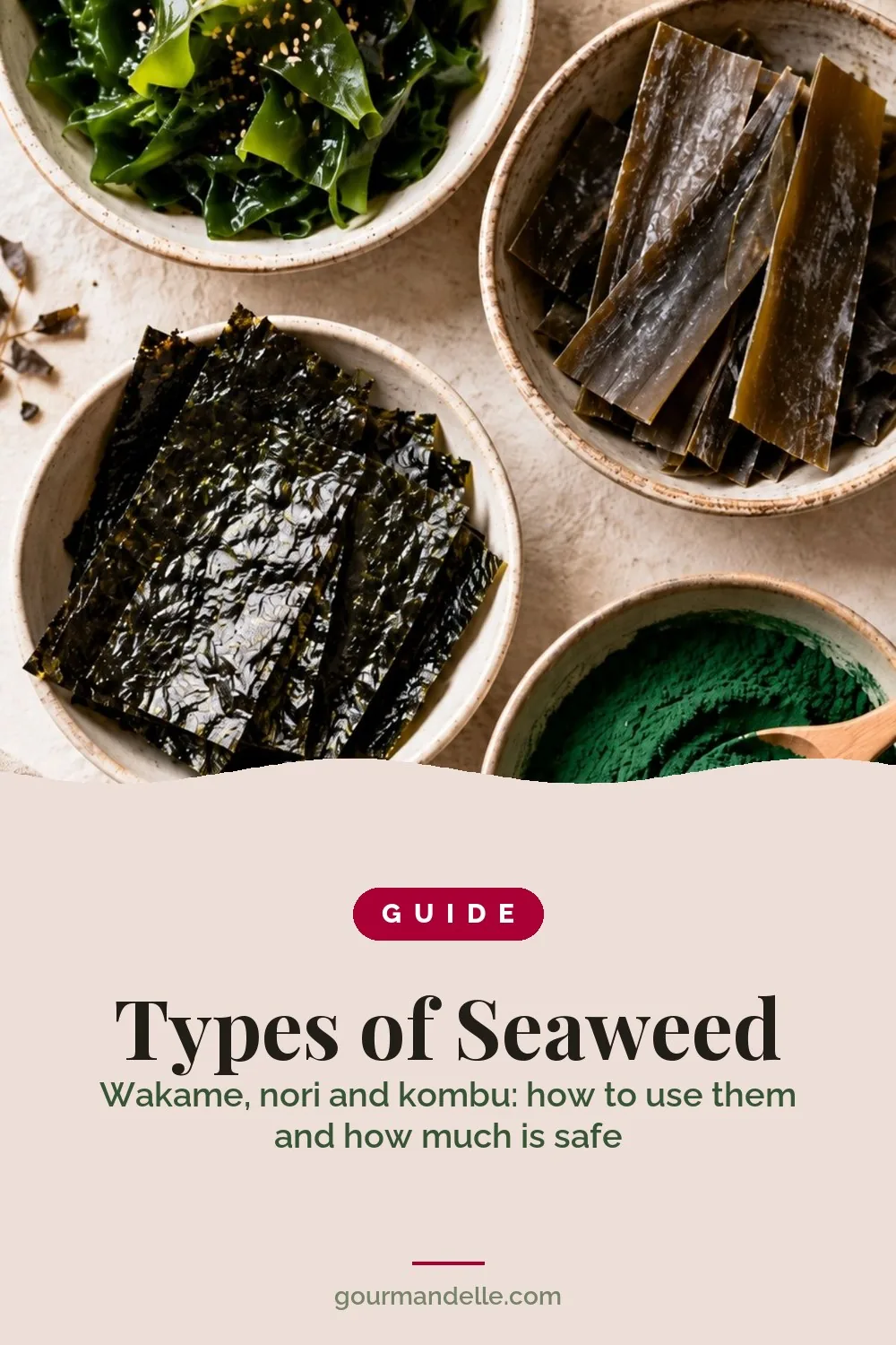 Gourmandelle guide cover: types of seaweed, with bowls of wakame, kombu, nori and spirulina and the title Types of Seaweed.