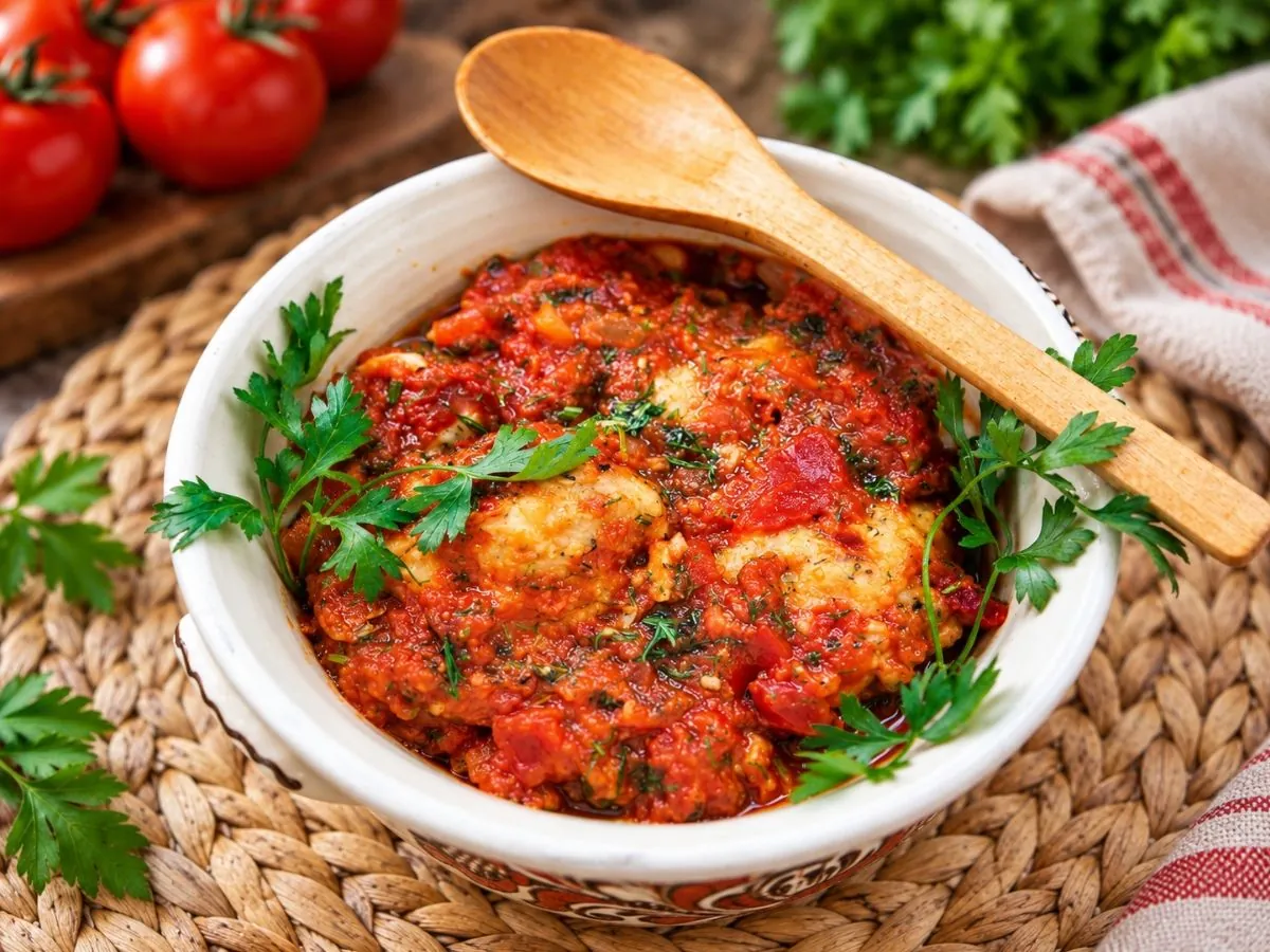 Chiftele vegane fierte în sos de roșii cu verdețuri, văzute de sus într-un bol de ceramică pe un suport împletit, cu roșii, pătrunjel și un prosop de in cu dungi.