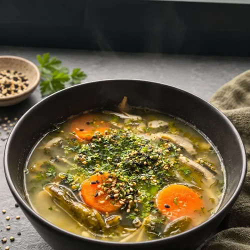 Steaming bowl of vegan soba noodle soup with carrot rounds and wakame, topped with sesame and nori furikake, on a dark windowsill with autumn leaves outside and a dish of sesame nearby.