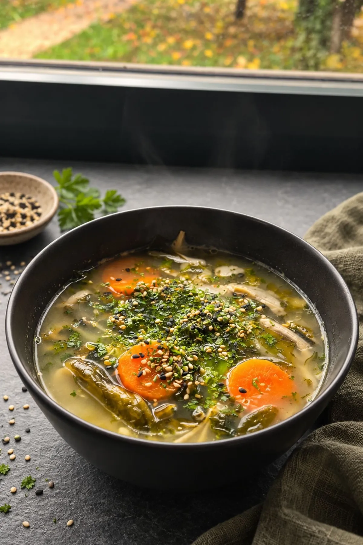 Steaming bowl of vegan soba noodle soup with carrot rounds and wakame, topped with sesame and nori furikake, on a dark windowsill with autumn leaves outside and a dish of sesame nearby.