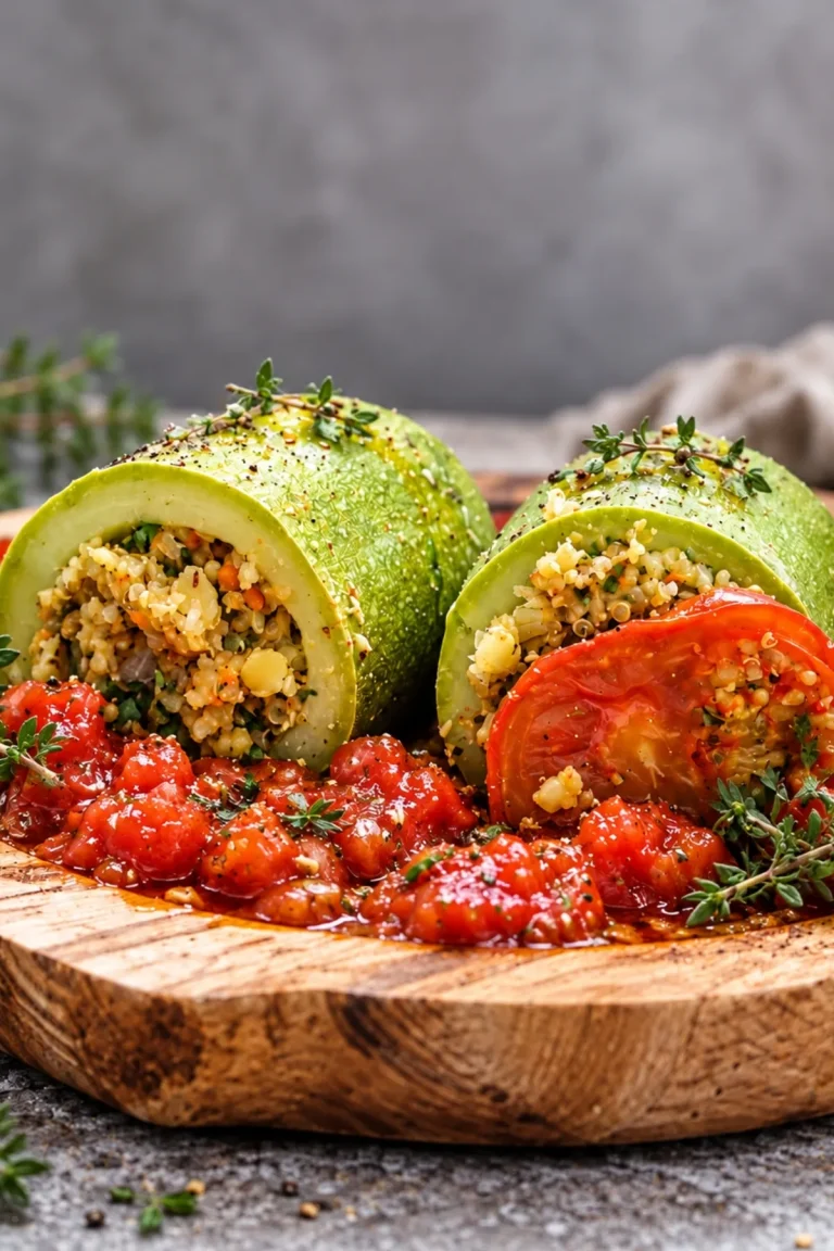 Two stuffed zucchini with quinoa and lentil filling on a wooden board with tomato sauce and fresh thyme