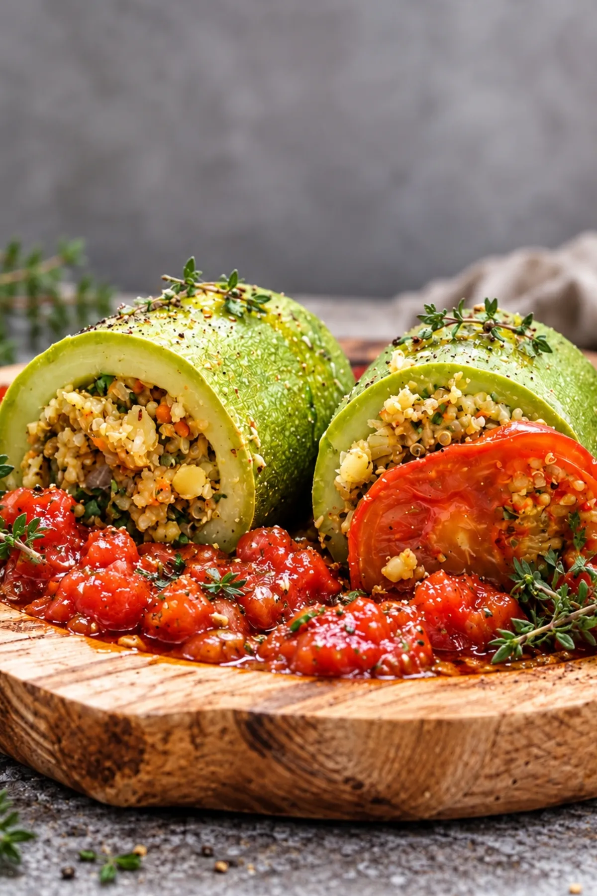 Two stuffed zucchini with quinoa and lentil filling on a wooden board with tomato sauce and fresh thyme