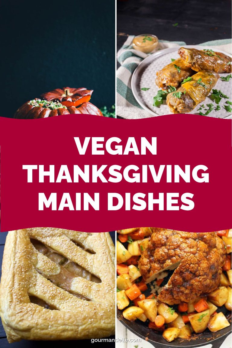 Vegan Thanksgiving main dishes collage: a whole stuffed pumpkin, cabbage rolls with parsley, a sesame-topped mushroom pie and a roasted cauliflower with potatoes and carrots.