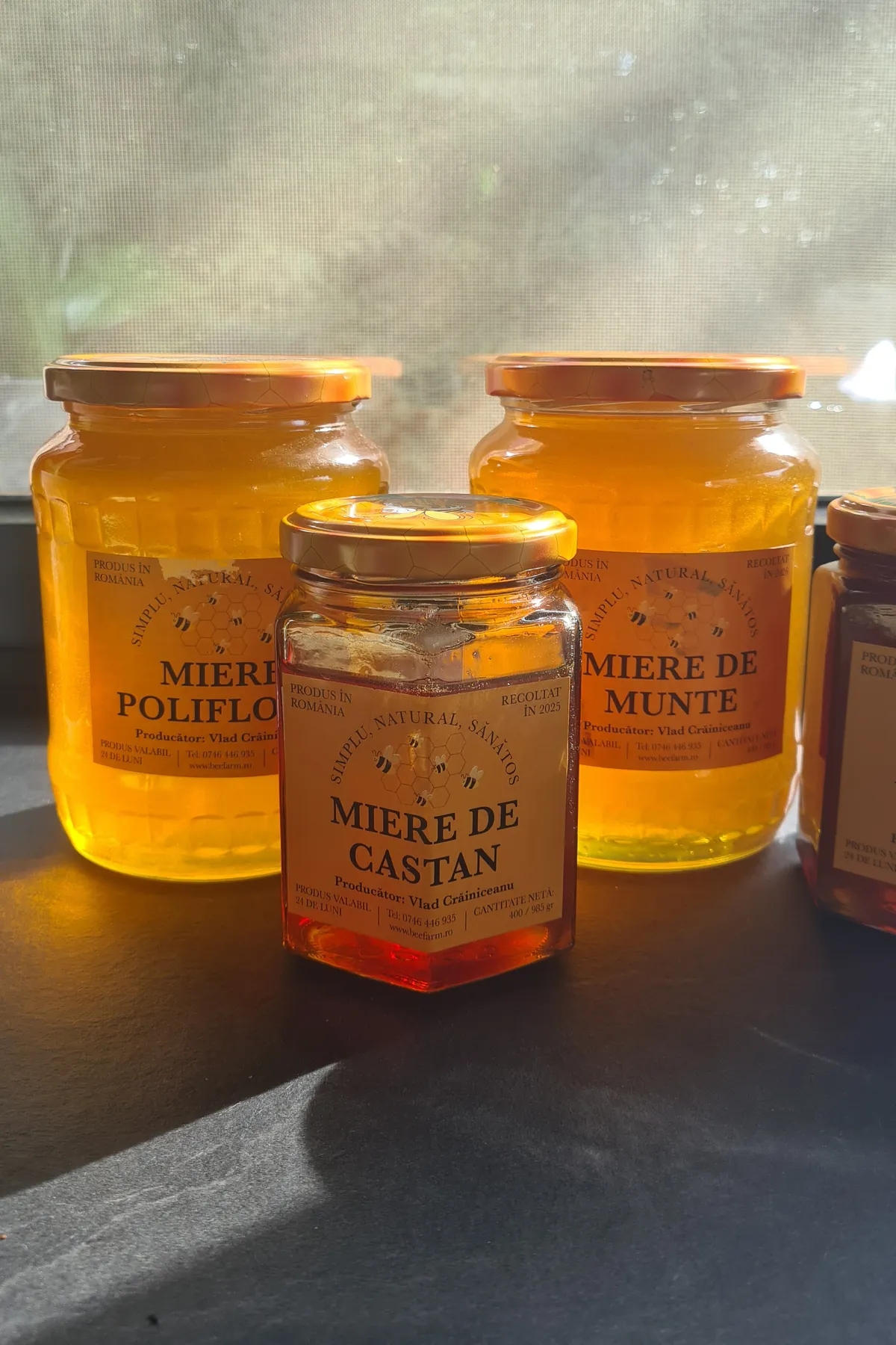 Jars of golden wildflower and mountain honey behind a smaller jar of amber chestnut honey